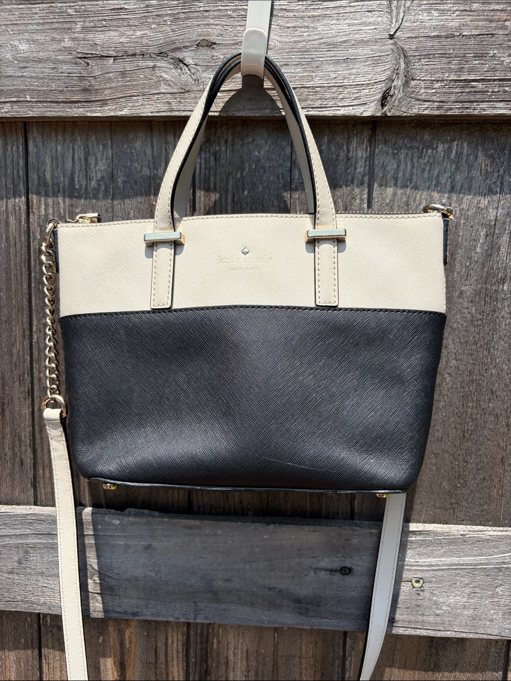kate spade Black and Cream Two-Tone Leather Tote with Chain Strap